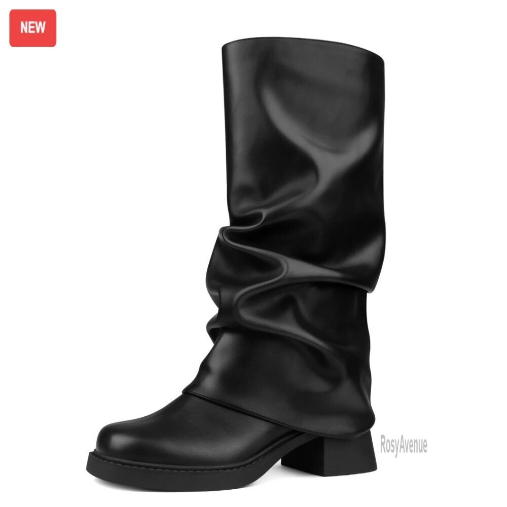Women's Slouchy Fold Over Boots Platform Square Toe Pull On Mid Calf